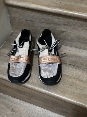 bebe Black, Cream & Rose Gold Mesh Strap Sneakers